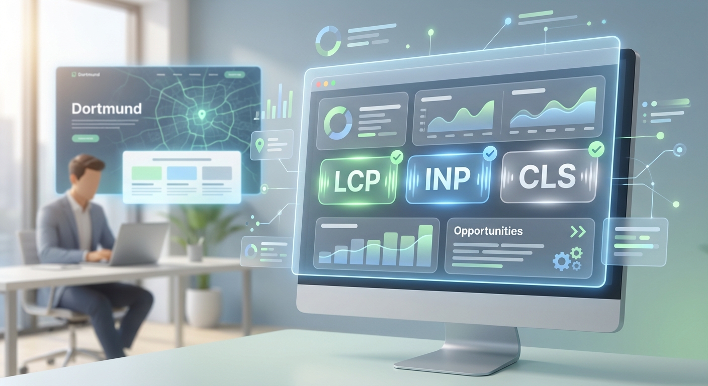 PageSpeed Insights Screenshot einer Dortmunder Landingpage mit Hervorhebung von LCP/INP/CLS und „Opportunities“