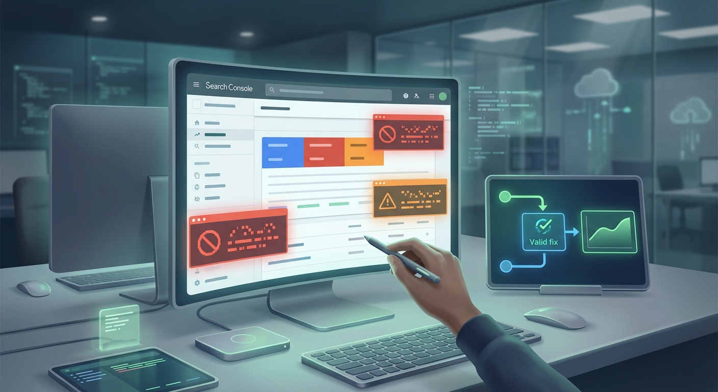 Screenshot der Google Search Console Rich-Result-Berichte mit markierten Fehlern/Warnungen und einem „Valid fix“-Workflow