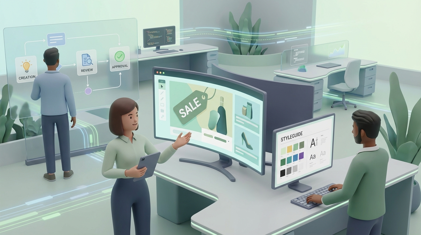 Digitales Content-Team am Bildschirm mit Styleguide und Freigabe-Workflow für Shop-Kampagnenvisuals