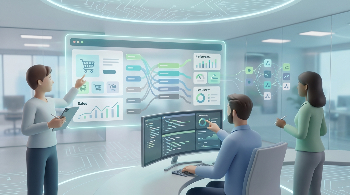 Team-Setup aus Shop-Management, Data Engineering und ML – gemeinsam an einem Dashboard mit KPIs und Datenqualität