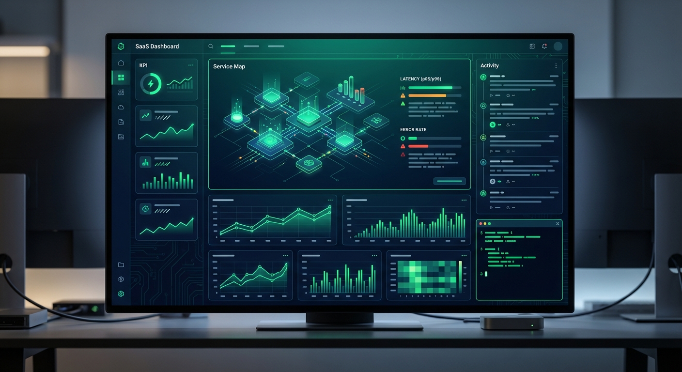 Screenshot einer APM Service Map in New Relic/Datadog/Elastic APM, die Latenz (p95/p99) und Error Rate pro Service-Knoten anzeigt