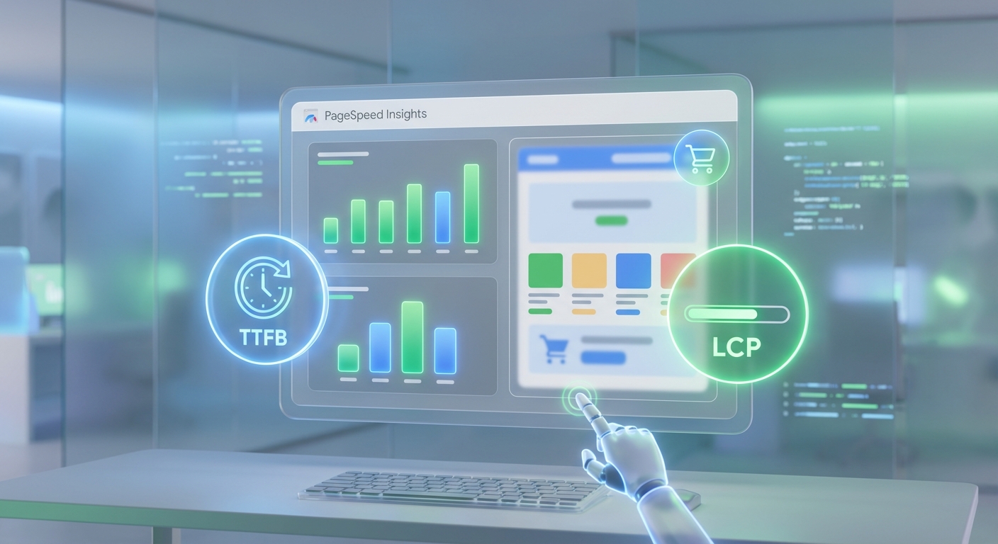 Screenshot aus PageSpeed Insights mit markiertem TTFB und LCP für eine WooCommerce Kategorie-Seite