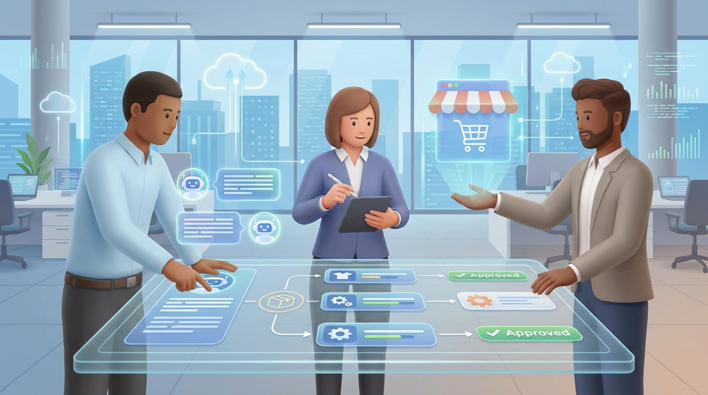 Redaktionsteam im Online-Shop-Umfeld prüft automatisch erzeugte Produkttexte in einem Freigabe-Workflow auf einem Dashboard