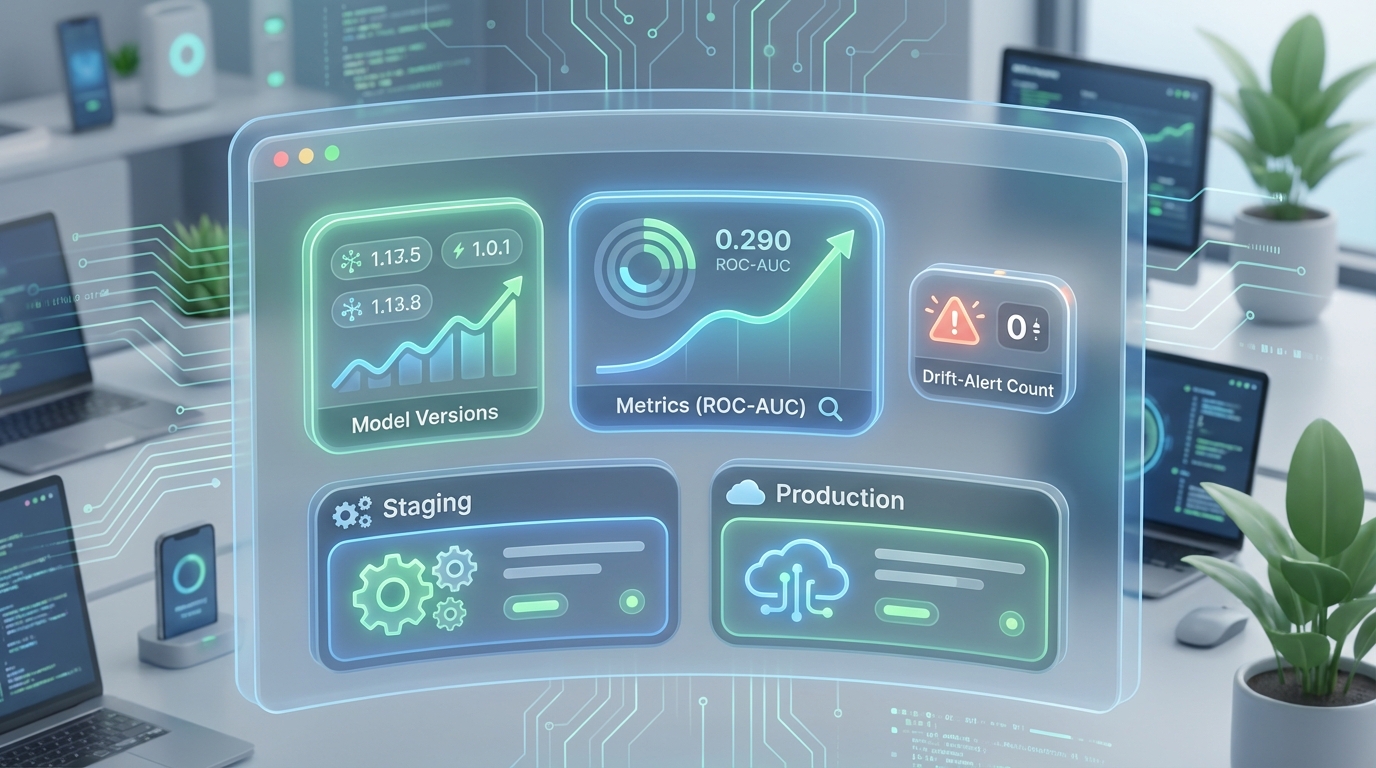 Screenshot einer MLflow-Registry mit Model Versions, Metrics (ROC-AUC), Drift-Alert Count und Deployment-Stage (Staging/Production)