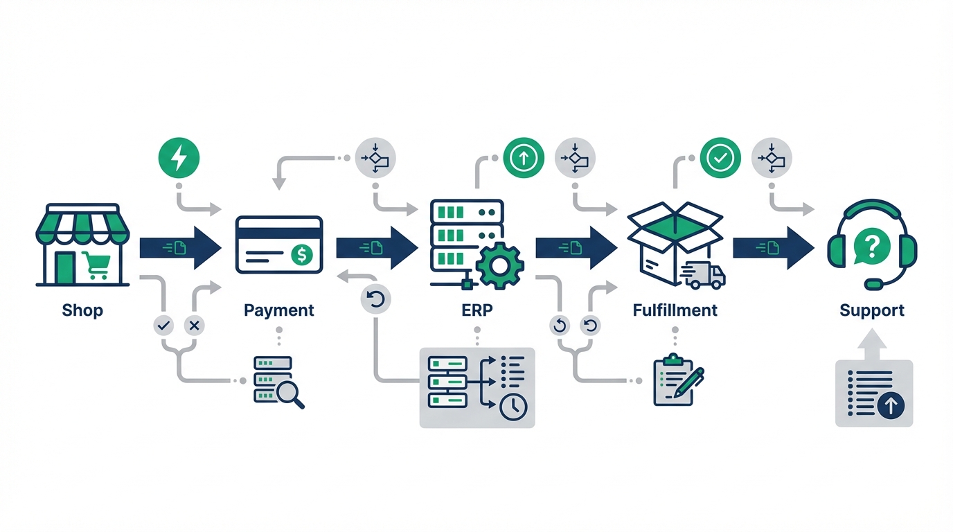 Datenfluss im Shop-Workflow (Shop → Payment → ERP → Fulfillment → Support) mit Triggern, Regeln, Logging und Retry-Pfaden