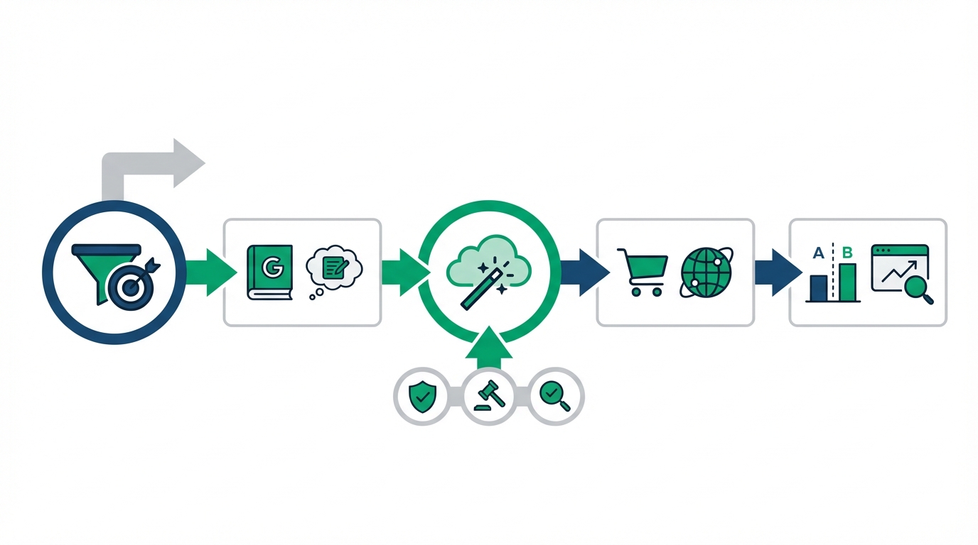 Prozess von Use-Case-Auswahl → Styleguide/Prompts → Generierung → Prüfung (Brand/Recht/Irreführung) → Deployment in Shop/CDN → A/B-Test & Monitoring