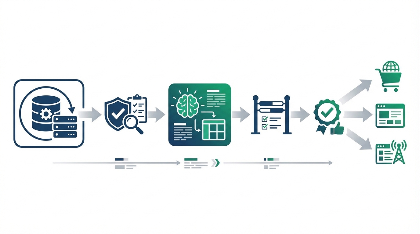 Datenfluss für KI-Content im Online-Shop – PIM/ERP → Validierung → KI-Generierung (Templates) → Qualitäts-Gates → Freigabe → Shop/CMS/Feeds