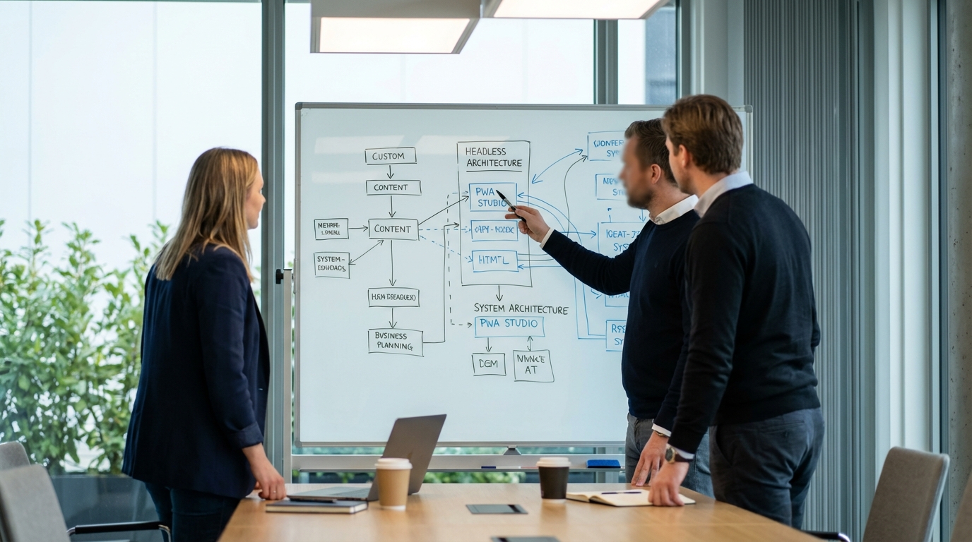 Titelbild für den Blogbeitrag: Magento Headless Commerce: Architecture, Options (PWA Studio vs Frontend Frameworks) & Implementation Guide