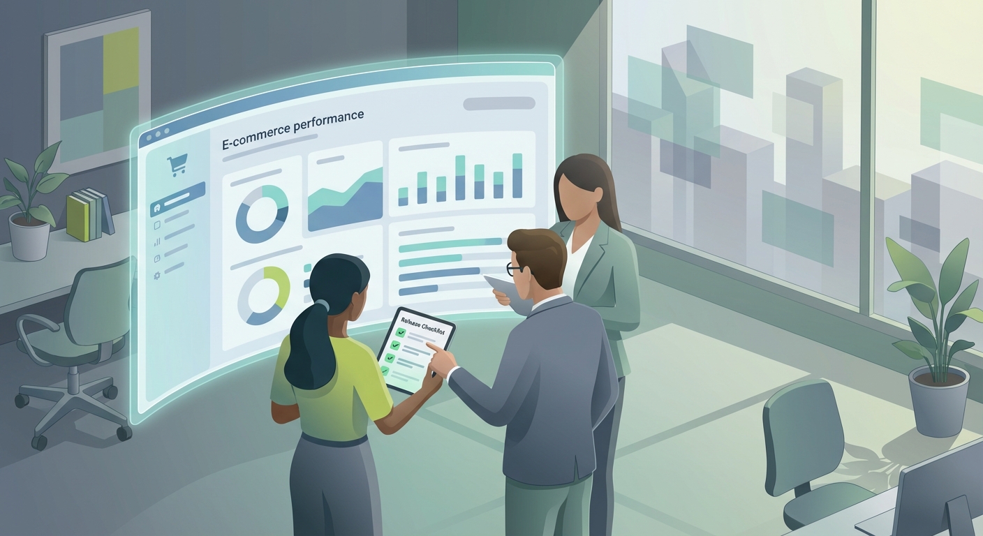 Team prüft Shop-Performance-Dashboard und Release-Checklist in einer ruhigen Office-Szene