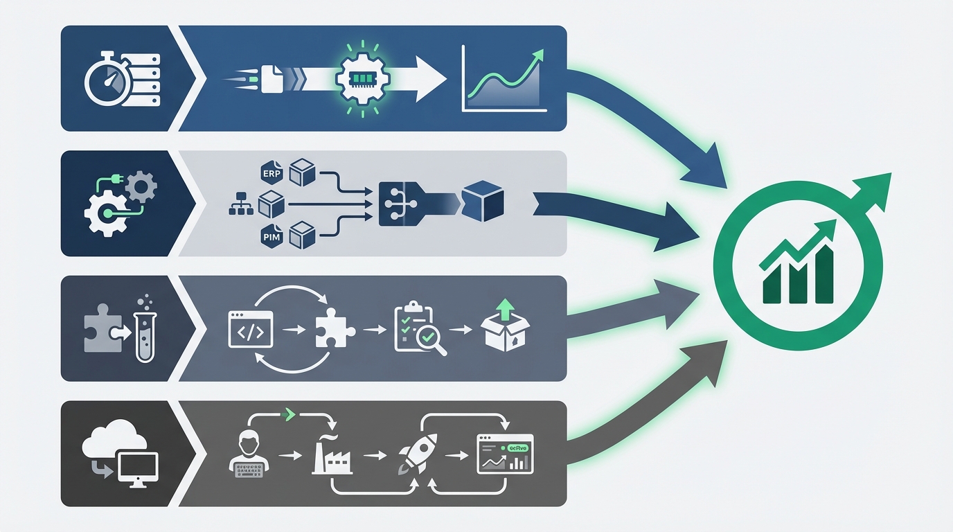 Ursachenkarte – Performance (DB/Cache), Integrationen (ERP/PIM), Updatefähigkeit (Plugins/Tests), Betrieb (CI/CD/Monitoring) und jeweiliger Business-Impact