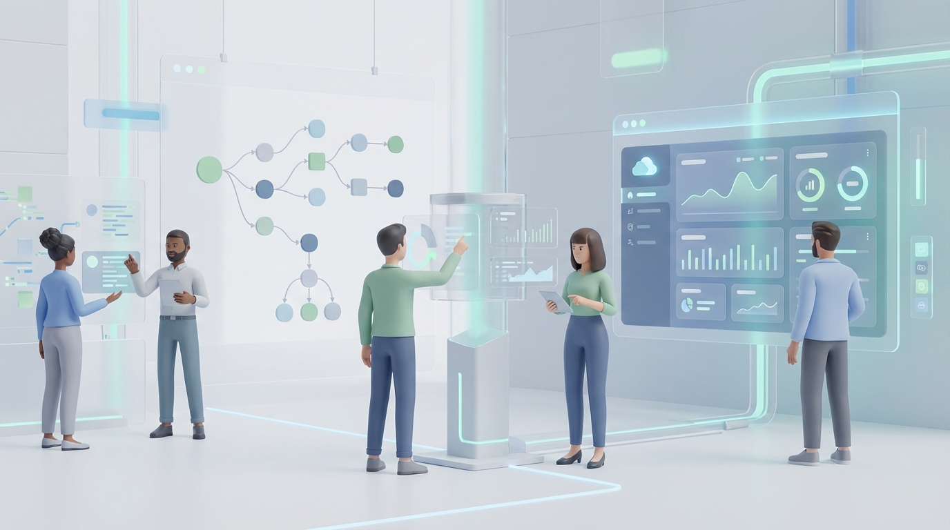 Operatives E-Commerce-Team im digitalen Backoffice mit klaren Workflows und Monitoring-Dashboard