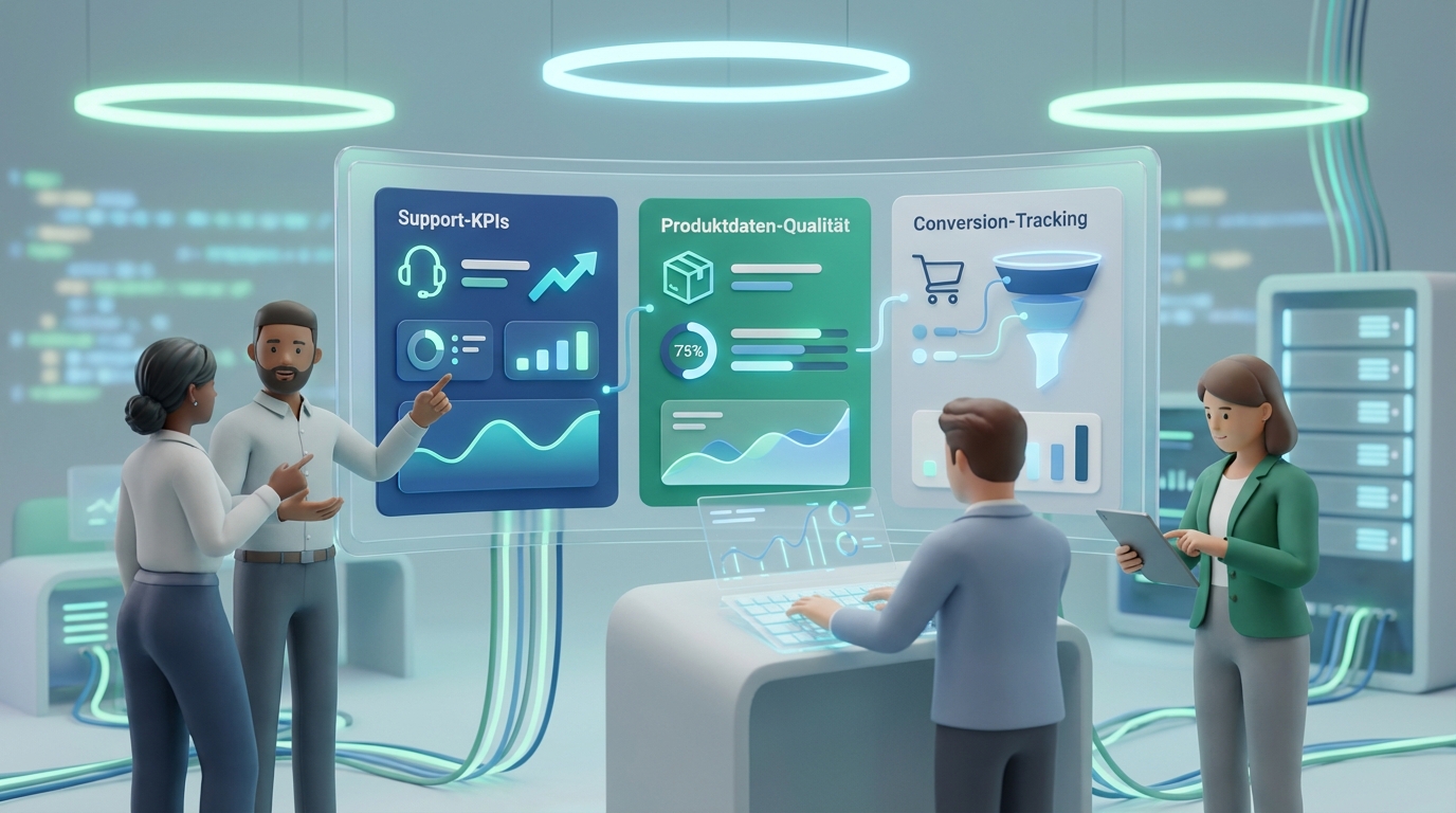 Team im digitalen Operations-Setup – Dashboard mit Support-KPIs, Produktdaten-Qualität und Conversion-Tracking