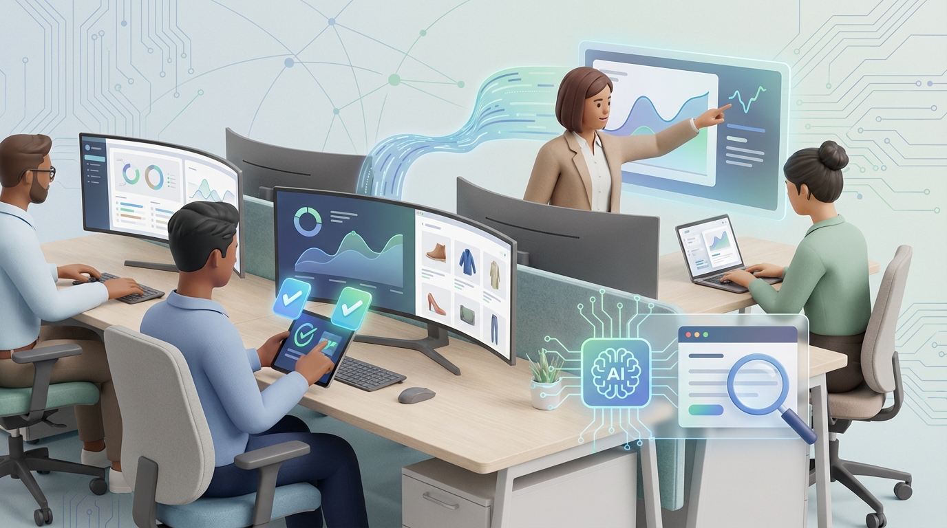 Backoffice-Team im Online-Shop, das KI-gestützte Vorschläge prüft und freigibt (Qualitätssicherung statt Autopilot)