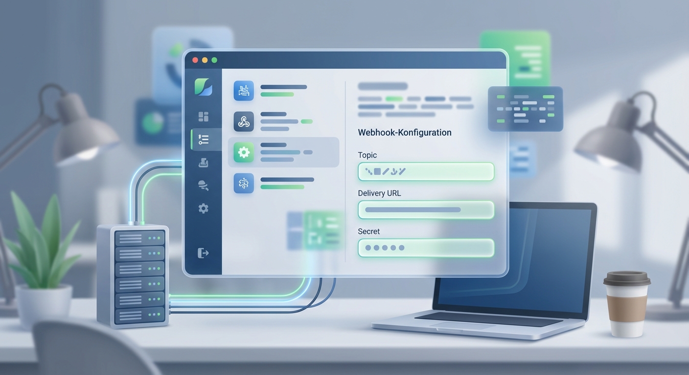 Screenshot der WooCommerce Webhook-Konfiguration in wp-admin inklusive Topic, Delivery URL und Secret