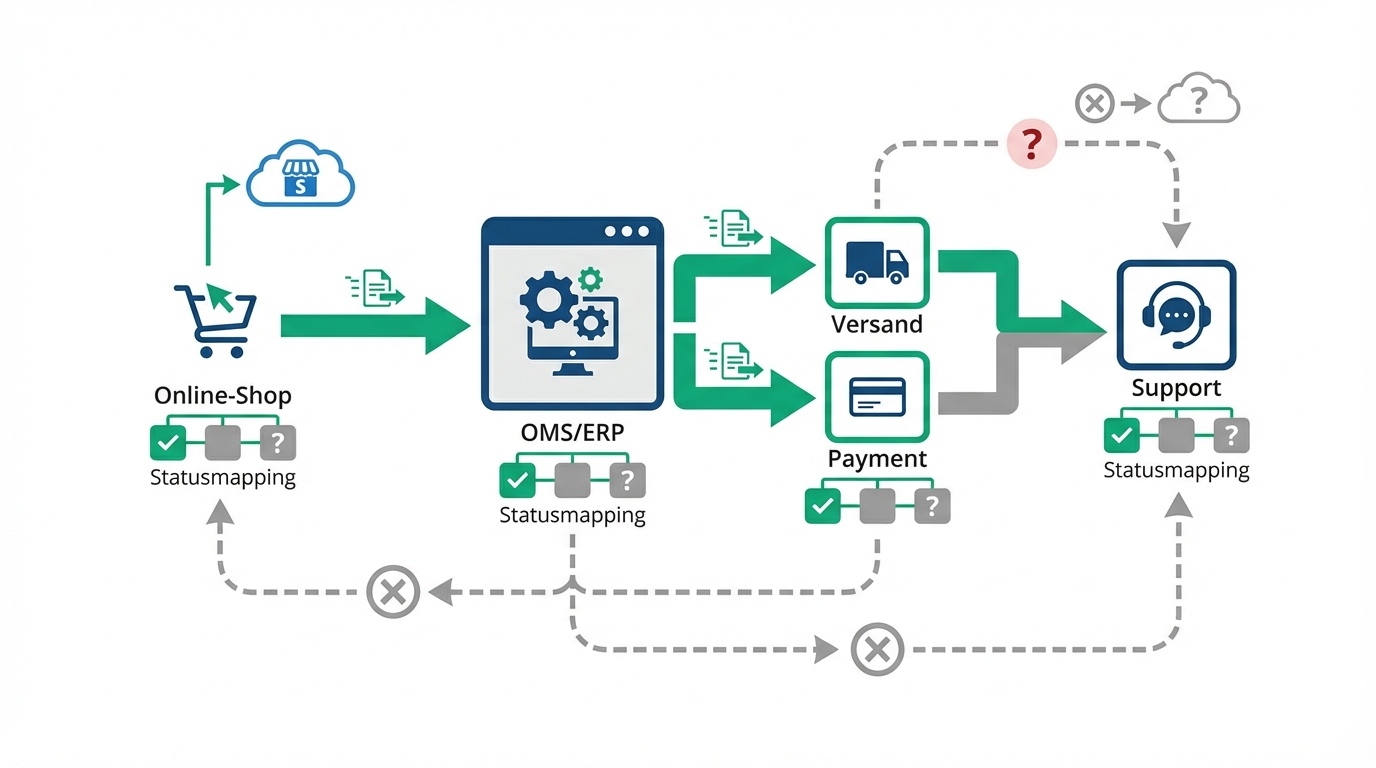 Datenfluss im Online-Shop – Shop → OMS/ERP → Versand → Payment → Support (inkl. Statusmapping und Fehlerpfade)