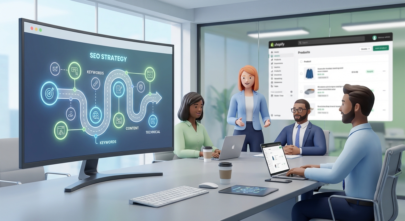 E-Commerce Team im Meeting mit SEO-Roadmap auf Monitor, Shopify Admin im Hintergrund
