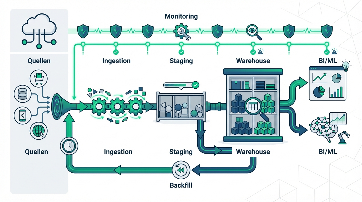 Referenz-Architektur für Online-Shop Datenpipelines (Quellen → Ingestion → Staging → Warehouse → BI/ML) inkl. Monitoring & Backfill