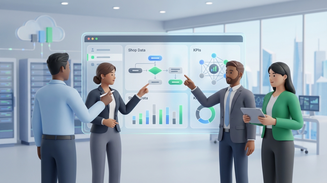 Team im digitalen Backoffice, das Shop-Daten und Prozess-KPIs auf einem Dashboard diskutiert