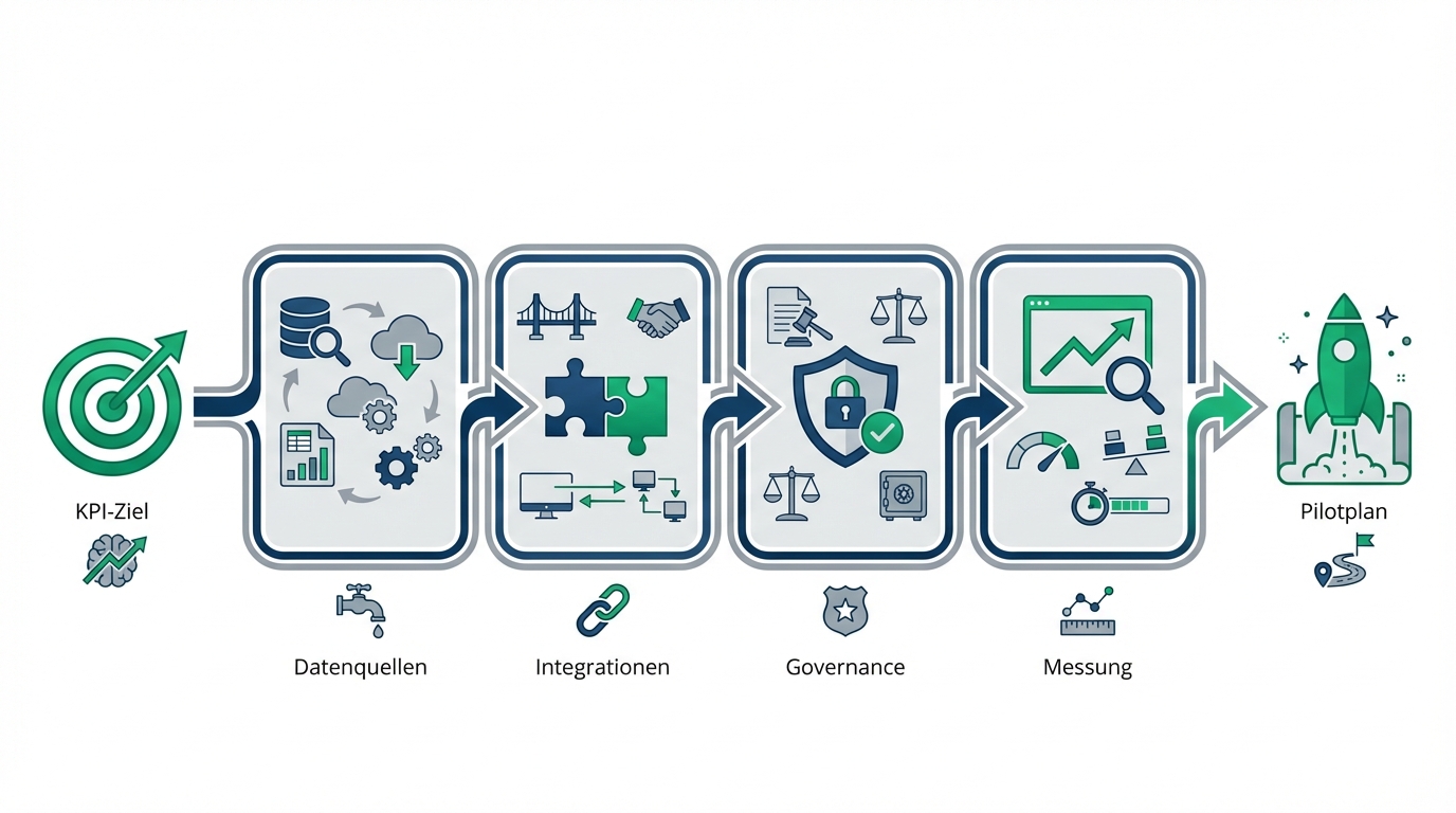 Workshop-Ablauf vom KPI-Ziel bis zum Pilotplan (Datenquellen → Integrationen → Governance → Messung)