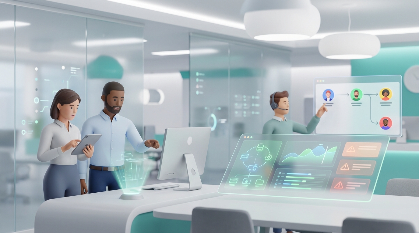 Team im digitalen Backoffice mit Dashboard, Datenwarnungen und klarer Verantwortlichkeit statt Tabellen-Chaos