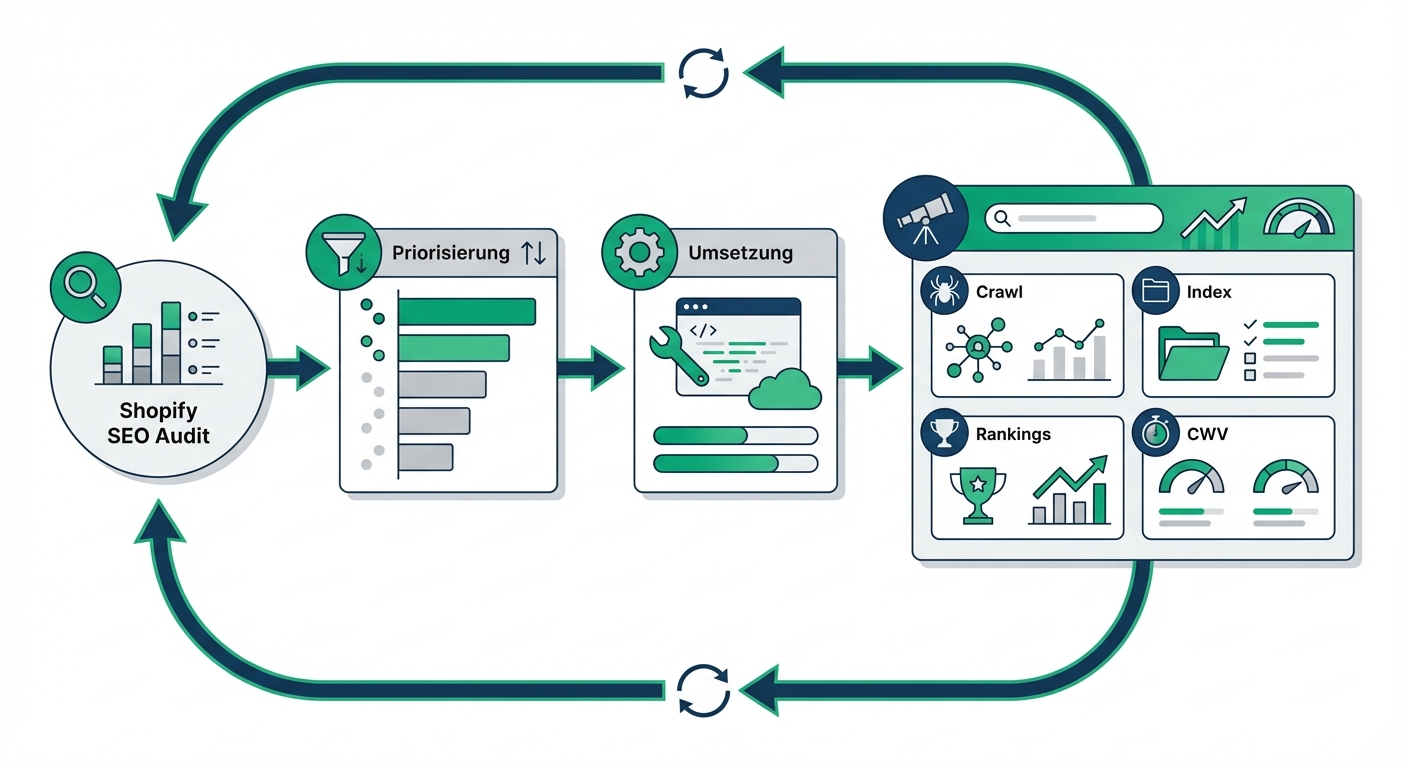 Shopify SEO Audit → Priorisierung → Umsetzung → Monitoring (Crawl/Index/Rankings/CWV) mit Feedback-Schleife