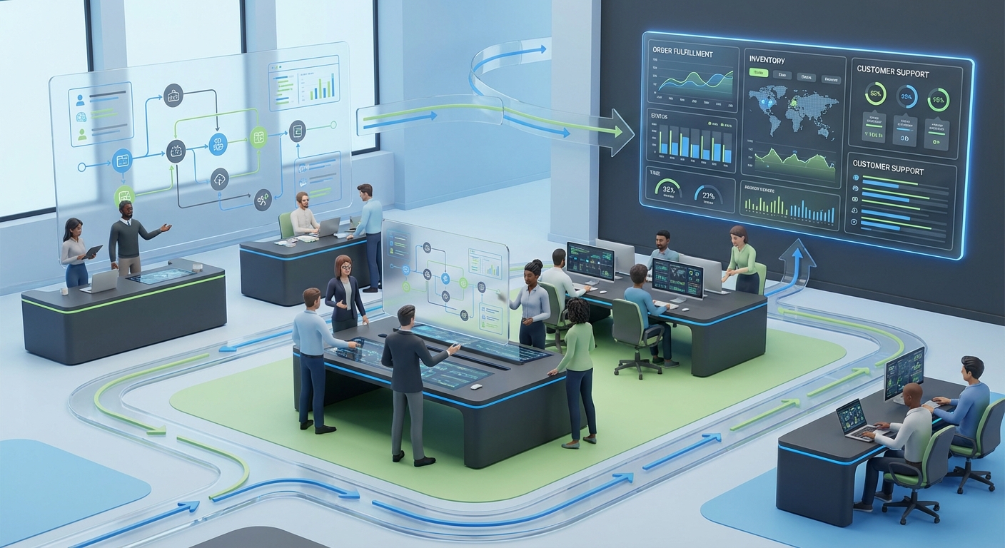 Team-Situation im digitalen Backoffice mit Monitoring-Dashboard und klaren Prozesswegen