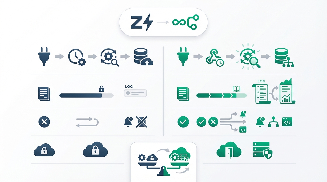Vergleich der Datenflüsse Zapier vs. n8n (Connector → Trigger → Transformation → Zielsystem) mit Fokus auf Logging, Error-Handling und Hosting-Optionen