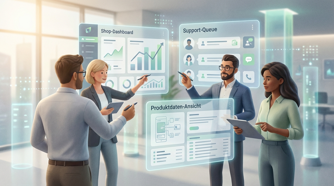 Team am digitalen Arbeitsplatz mit Shop-Dashboard, Support-Queue und Produktdaten-Ansicht
