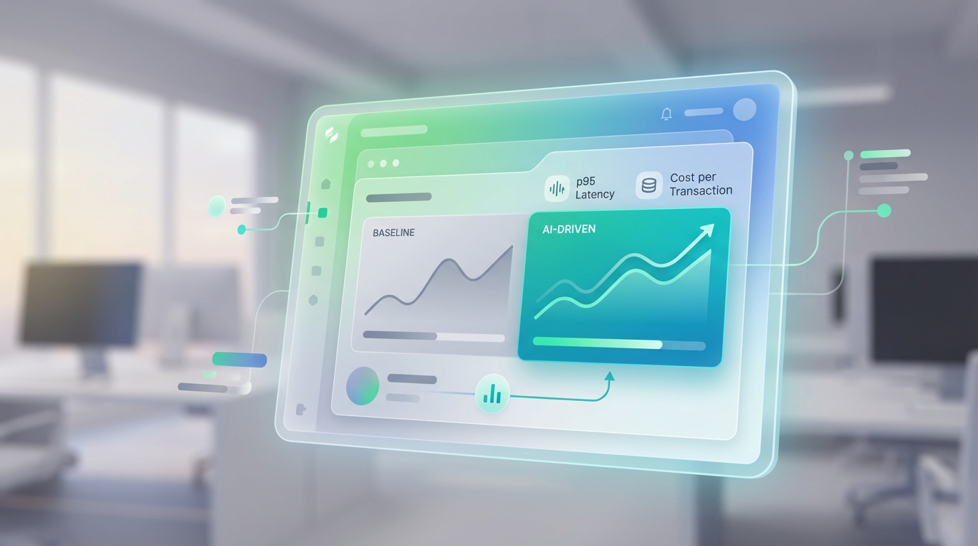 Screenshot eines KPI-Dashboards mit Baseline vs. AI-gestützter Performance, inkl. p95-Latenz und Kosten pro Vorgang