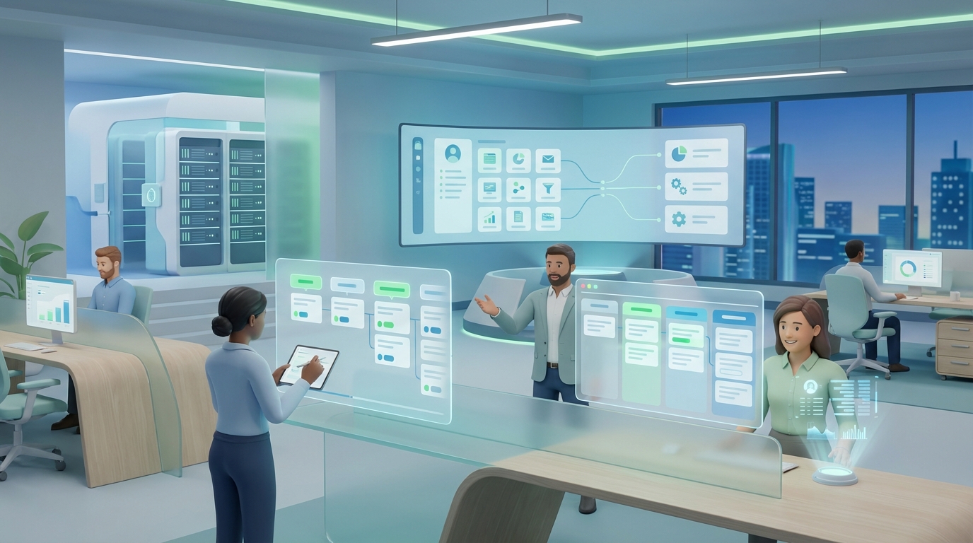 Operatives Shop-Team im digitalen Backoffice, klare Workflow-Boards, weniger manuelle Nacharbeit