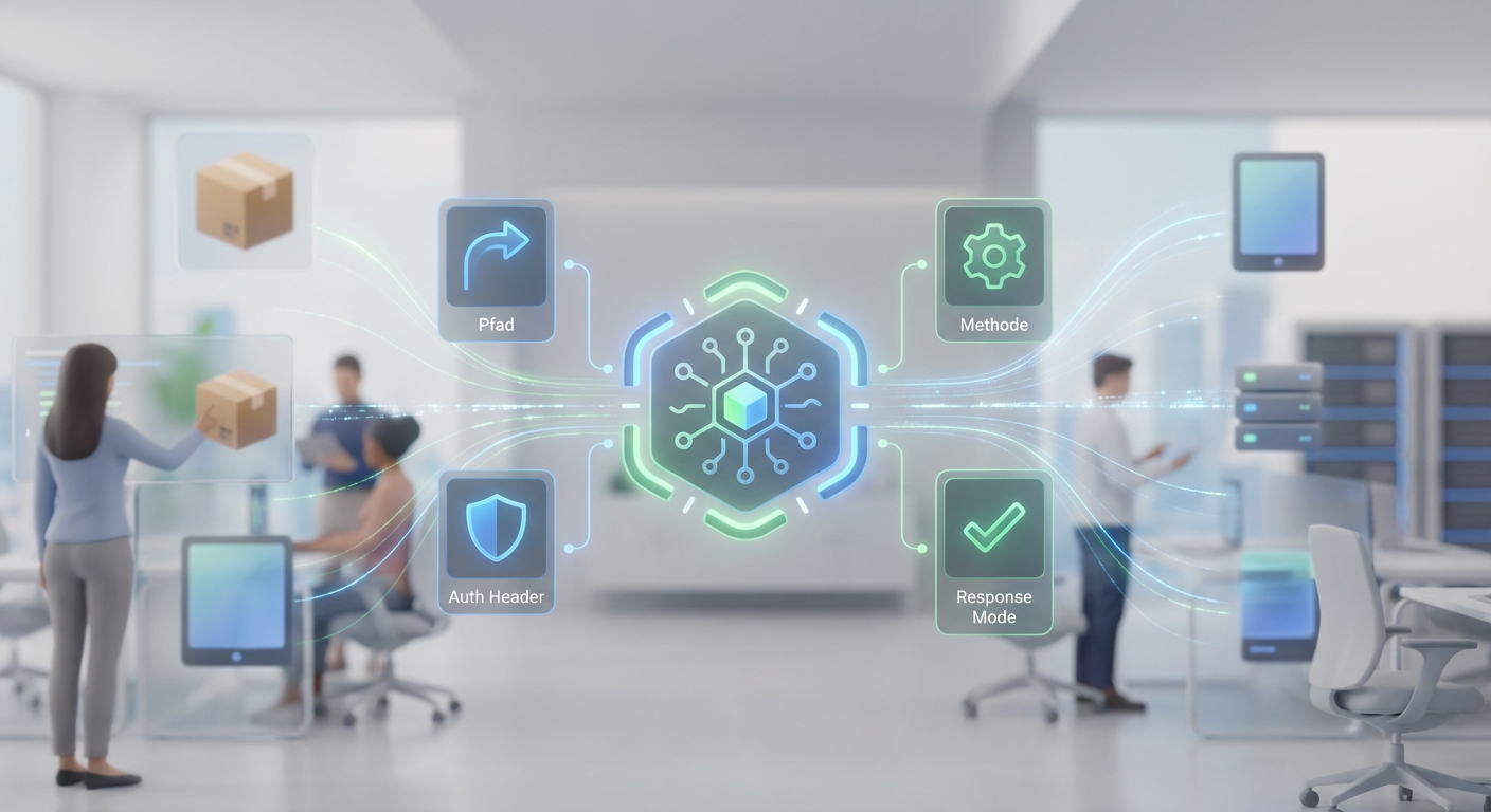 n8n Webhook Node Konfiguration mit Pfad, Methode, Auth Header und Response Mode