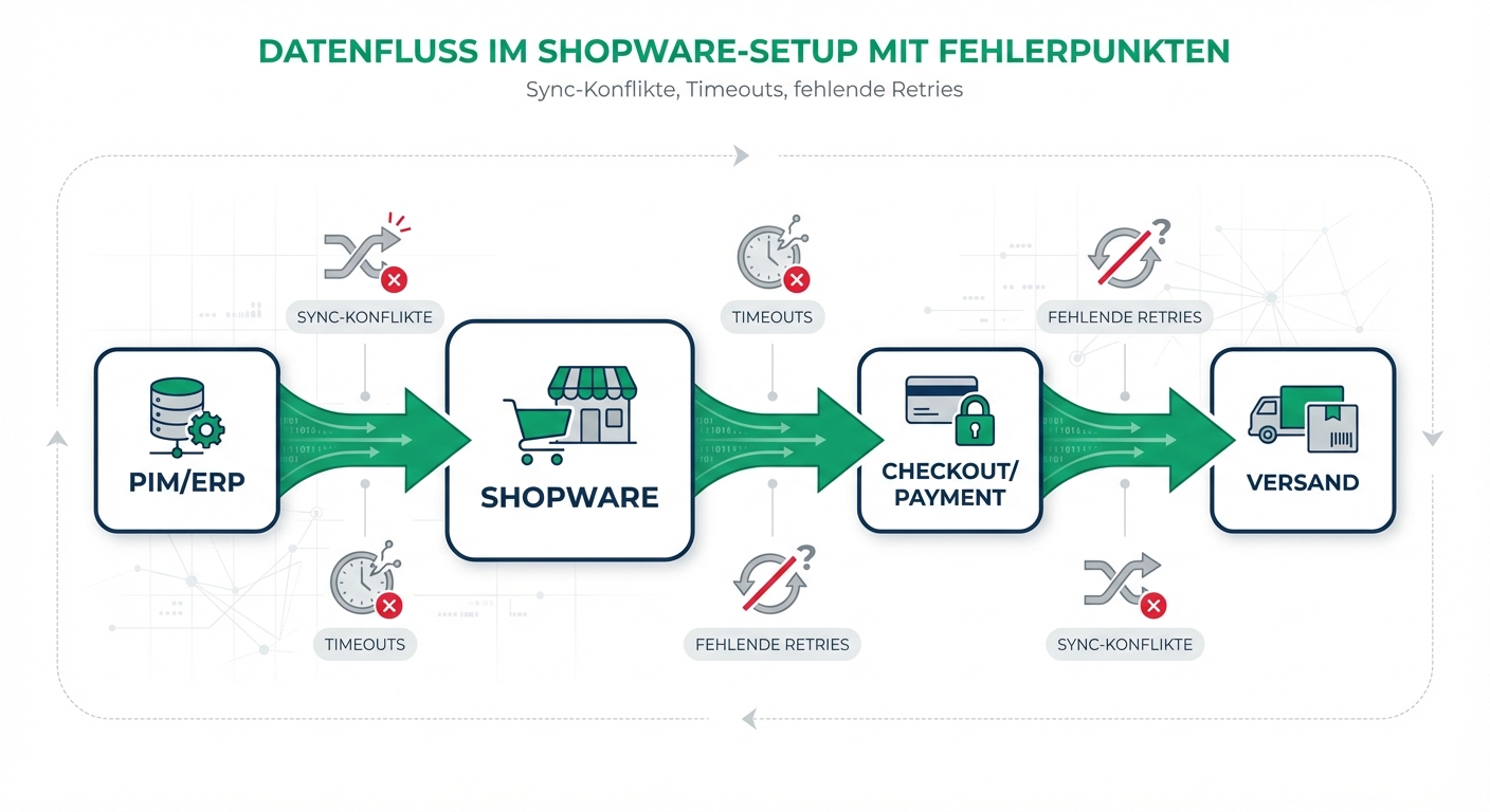 Datenfluss im Shopware-Setup (PIM/ERP → Shopware → Checkout/Payment → Versand) mit typischen Fehlerpunkten: Sync-Konflikte, Timeouts, fehlende Retries