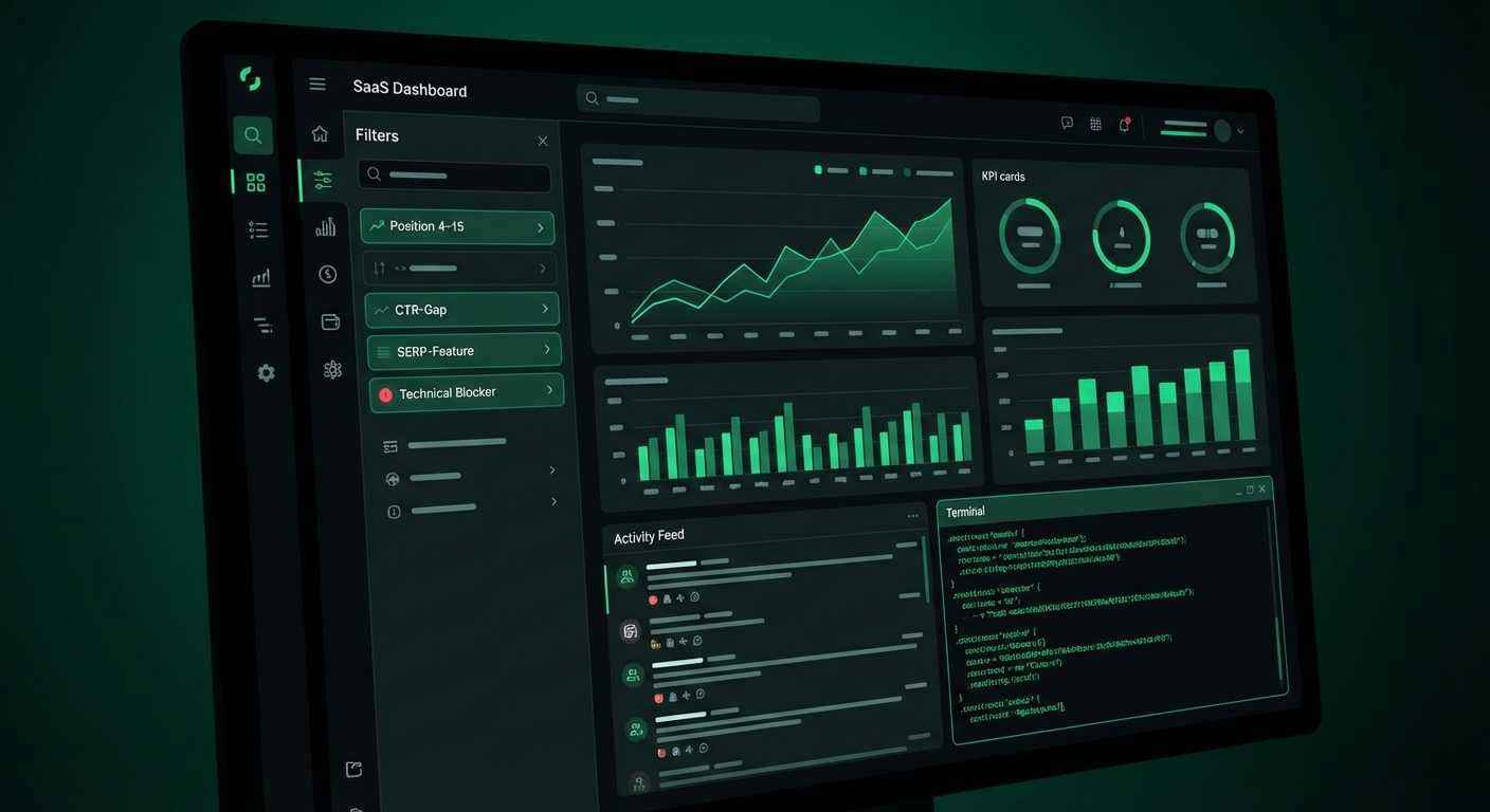 Dashboard-Screenshot eines Opportunity-Scorings mit Filtern für Position 4–15, CTR-Gap, SERP-Feature „Featured Snippet“ und technische Blocker