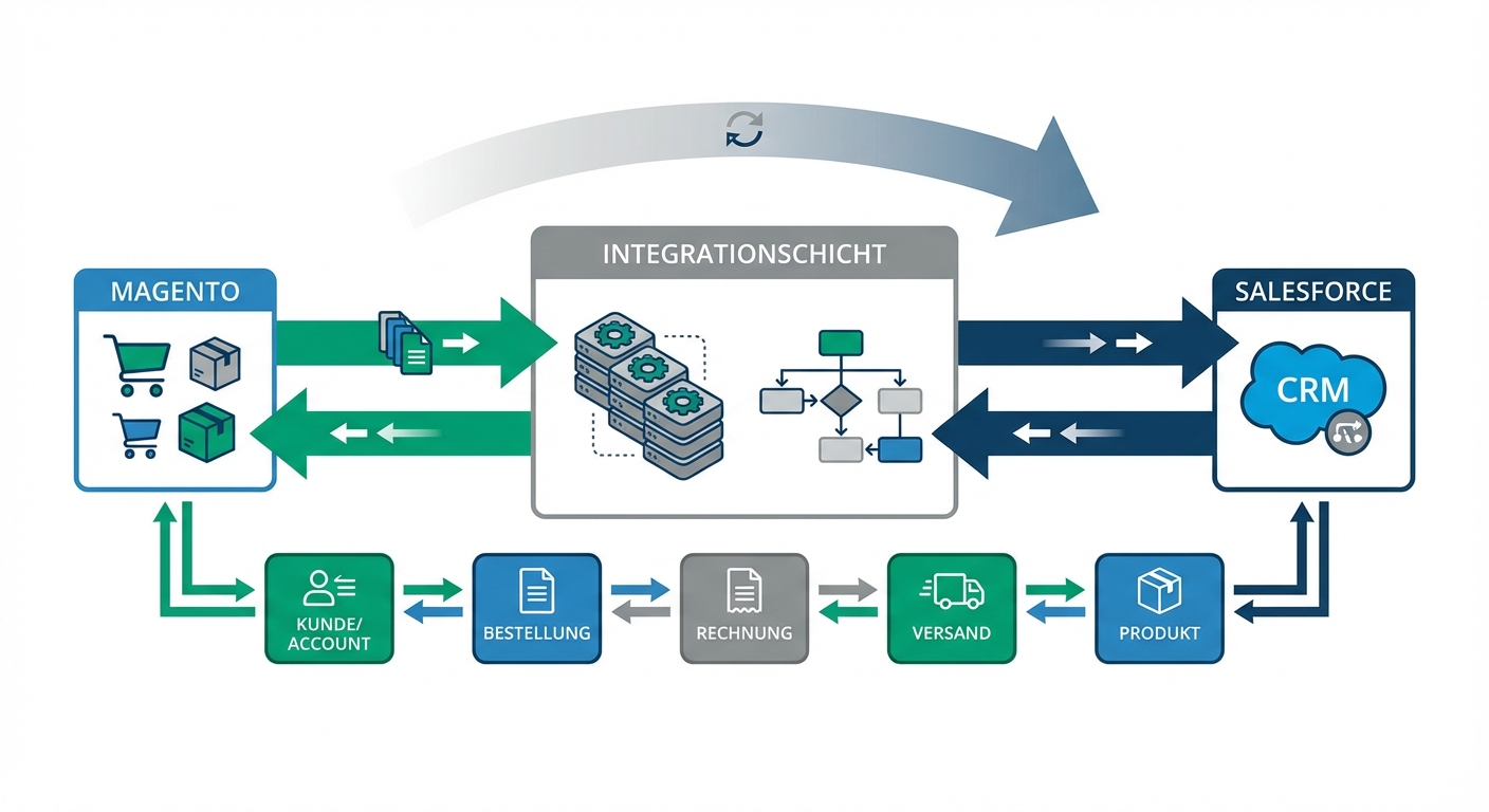 Datenfluss Magento ↔ Integrationsschicht ↔ Salesforce mit Objekten (Customer/Account, Order, Invoice, Shipment, Product) und Sync-Richtung