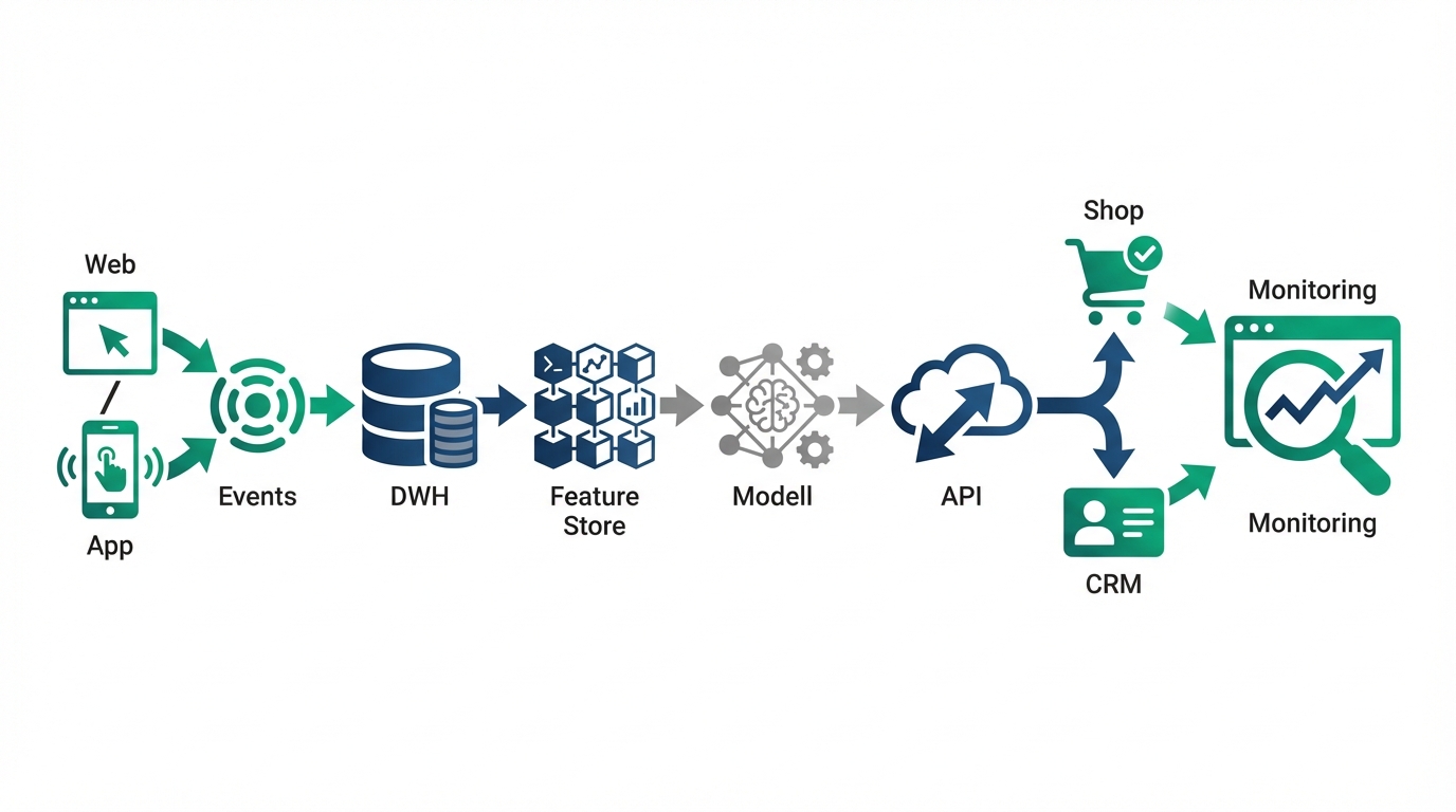Datenfluss im Shop – Events (Web/App) → DWH → Feature Store → Modell → API → Shop/CRM → Monitoring