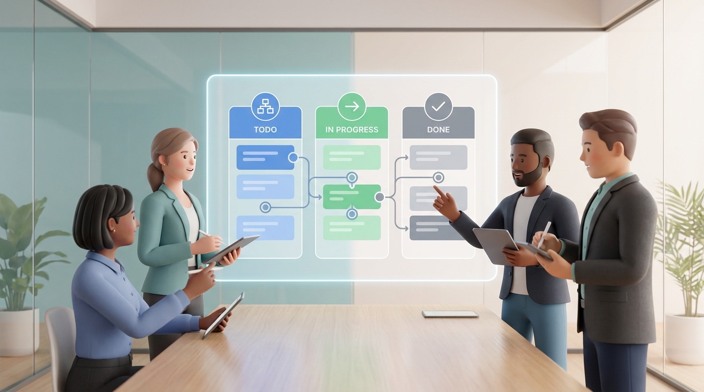 Team arbeitet an einem digitalen Prozessboard mit klaren Status-Spalten und Integrationspunkten