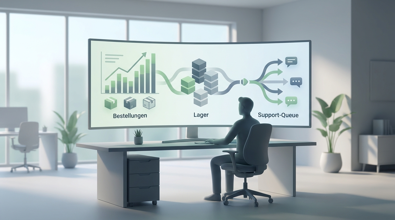 Ruhige Office-Szene mit Dashboard, das Bestellungen, Lager und Support-Queue übersichtlich zeigt