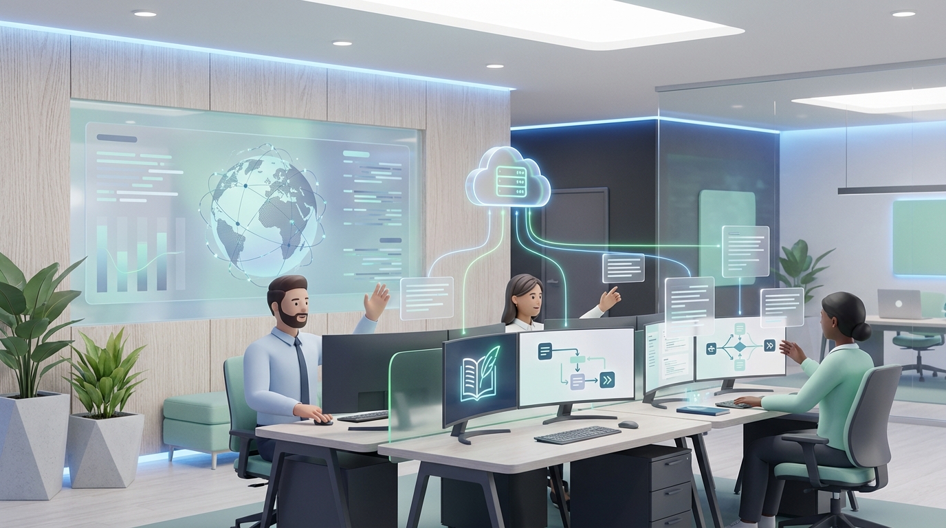 Support-Team im digitalen Backoffice, das Helpcenter-Artikel und Prozesskarten pflegt