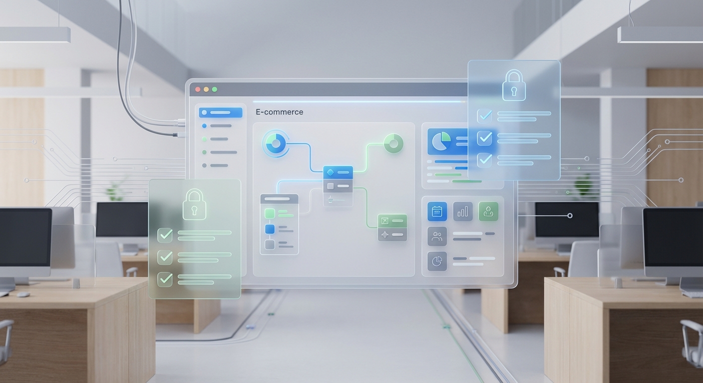 Abstrakte Szene eines E-Commerce-Dashboards mit Datenschutz- und Prozess-Checklisten im modernen Office-Stil