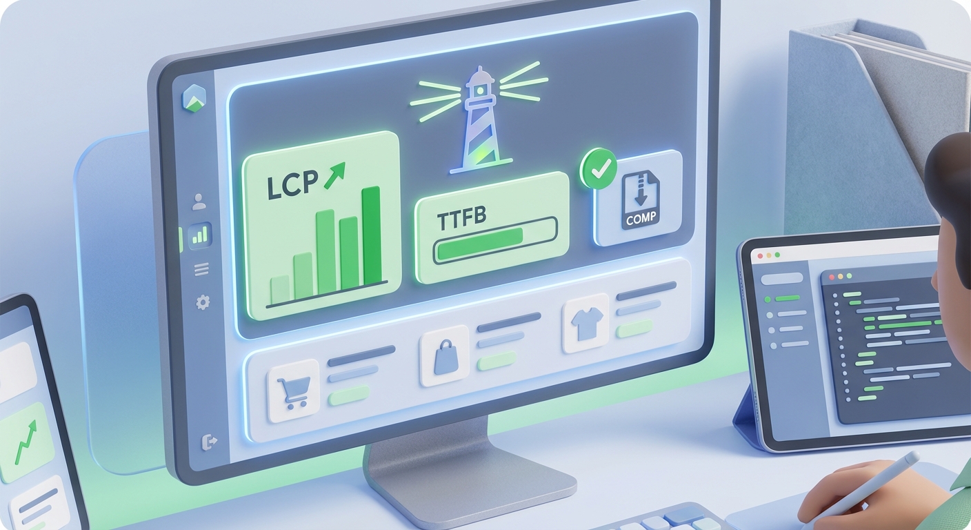 Screenshot einer Lighthouse-Auswertung mit Fokus auf TTFB und LCP, sowie Hinweis auf aktivierte Text-Komprimierung