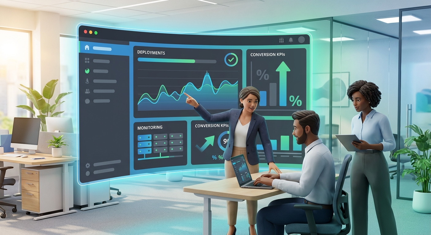 Team am digitalen Dashboard – Monitoring, Deployments und Conversion-KPIs im Blick