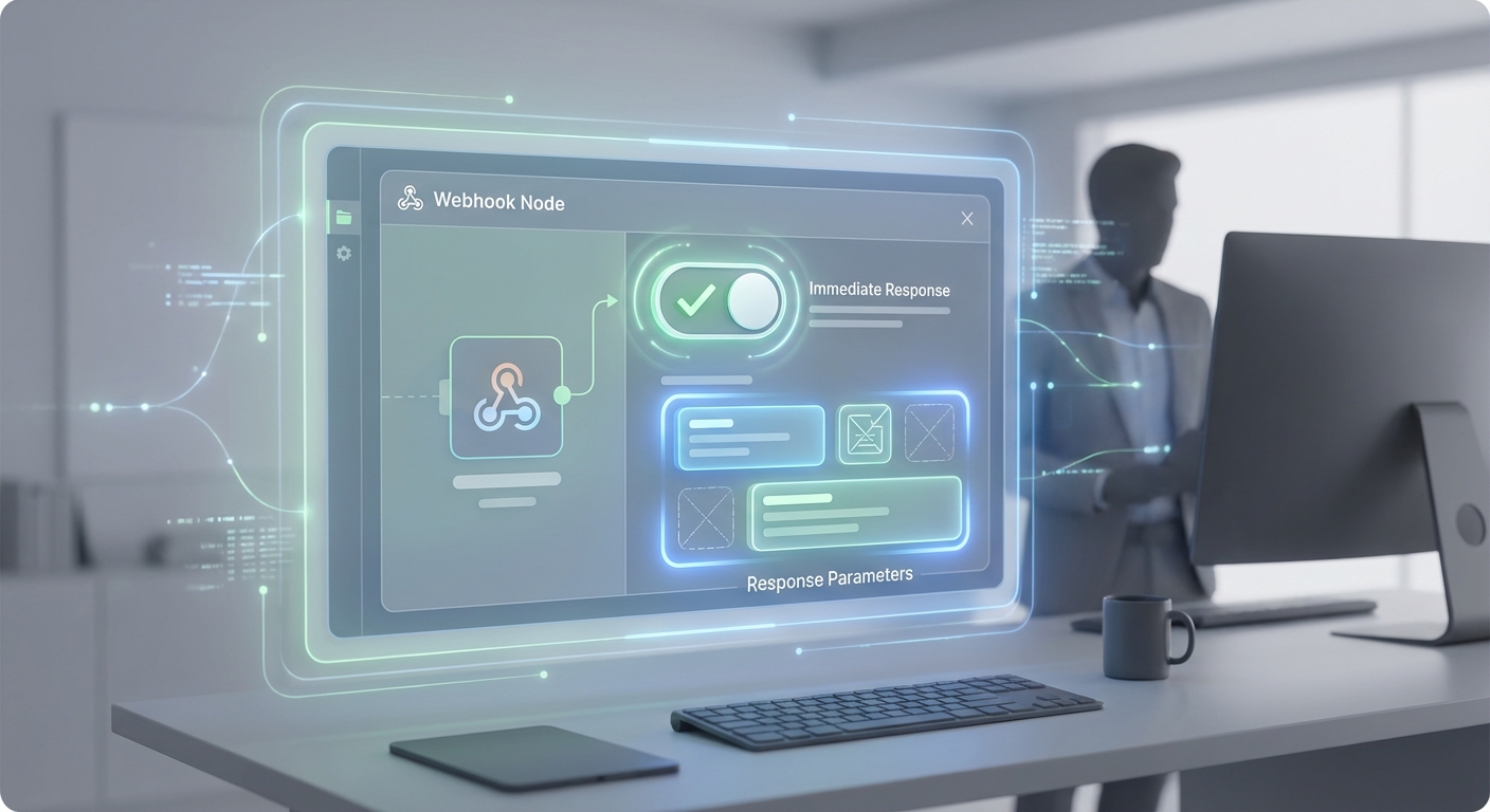 Screenshot der n8n Webhook Node Einstellungen mit aktivierter Option für sofortige Antwort und hervorgehobenen Response-Parametern