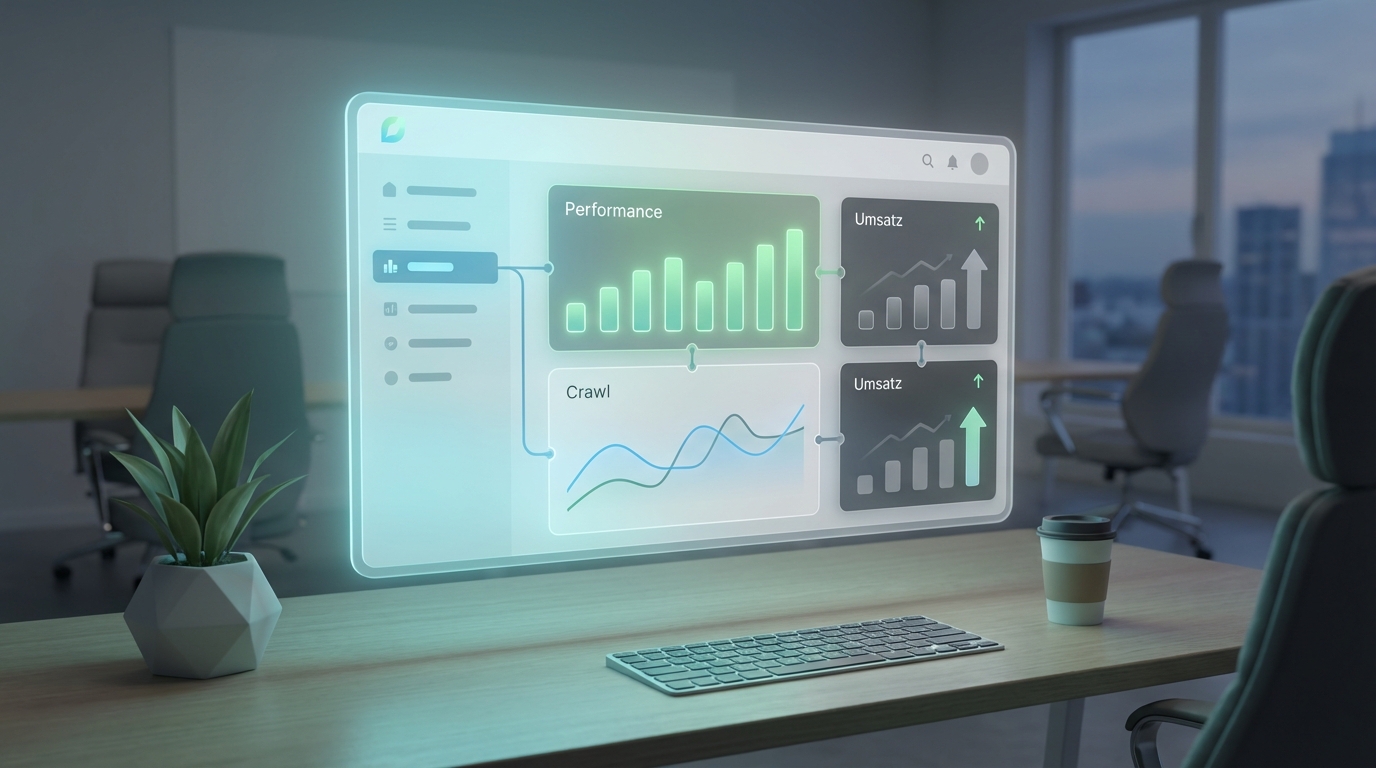 Screenshot-artige Szene eines Online-Shop-Dashboards mit Performance-, Crawl- und Umsatz-KPIs in ruhigem Office-Setting