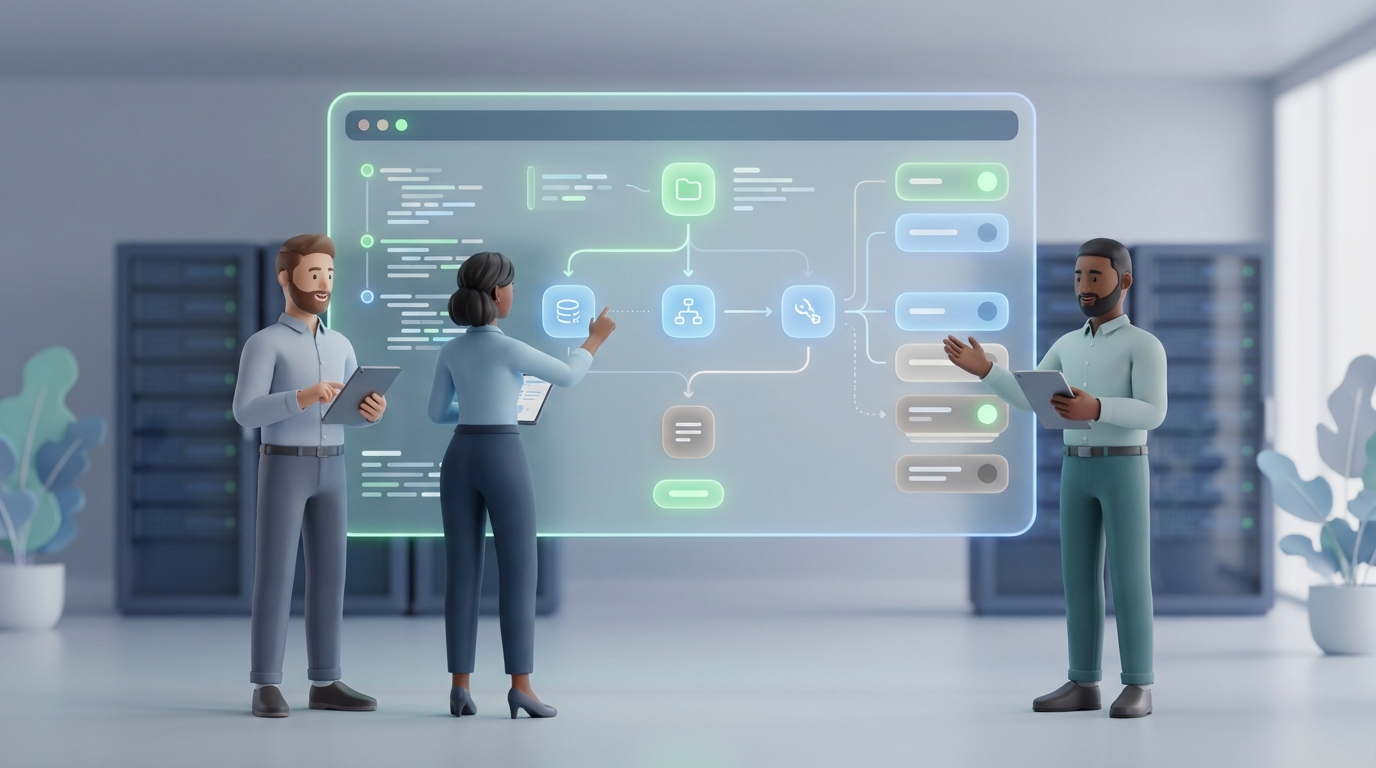 IT-Team vor einem Workflow-Dashboard mit Statusanzeigen, Logs und klaren Verantwortlichkeiten