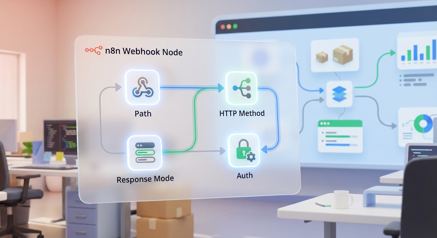n8n Webhook Node Einstellungen mit Pfad, HTTP Method, Response Mode und optionaler Auth-Konfiguration