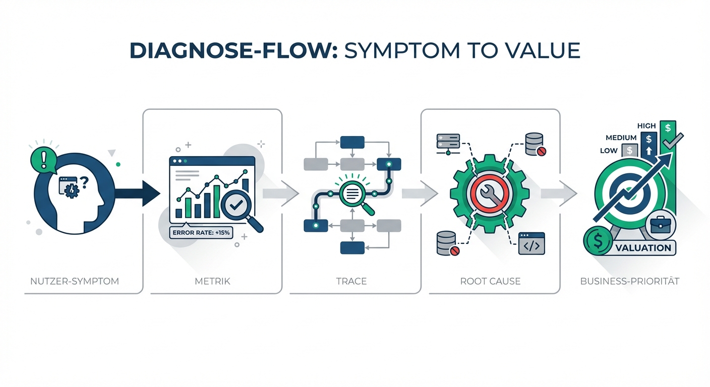 Diagnose-Flow von Nutzer-Symptom → Metrik → Trace → Root Cause → Business-Priorität