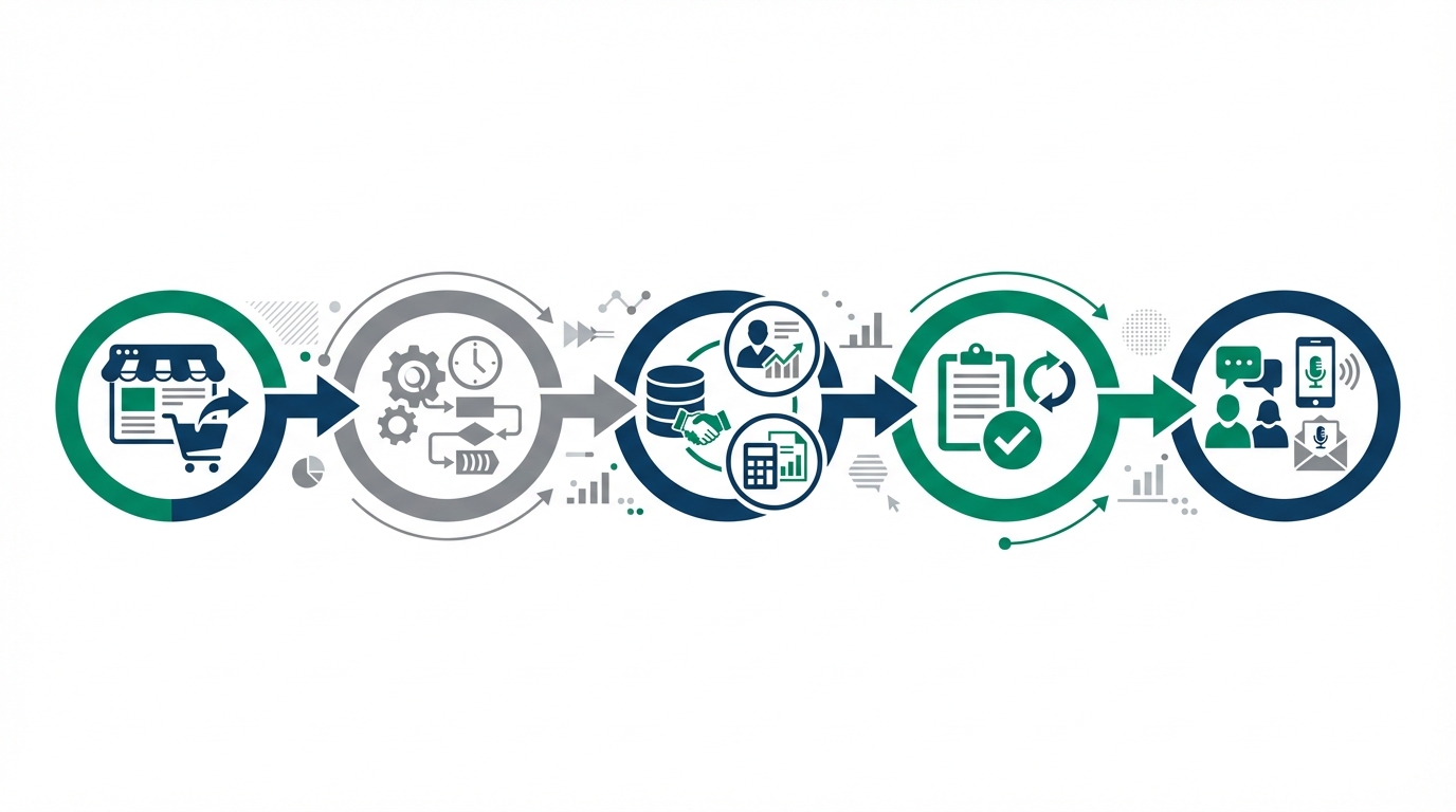 Datenfluss WooCommerce → Events/Queues → ERP/CRM/Buchhaltung → Rückmeldungen/Status → Kundenkommunikation