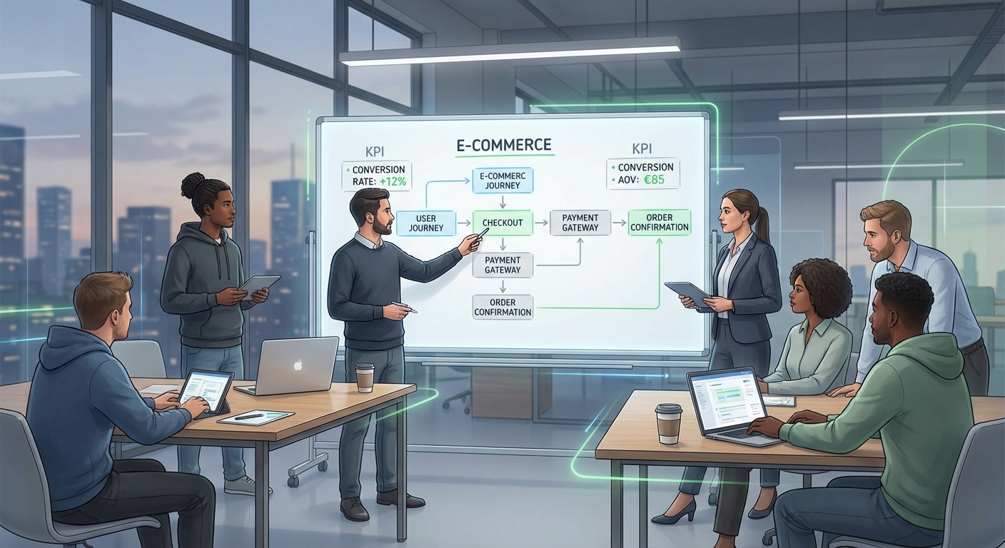 Entwickler und E-Commerce-Team in einem ruhigen Workshop-Setting, Whiteboard mit Prozessskizze und KPI-Fokus