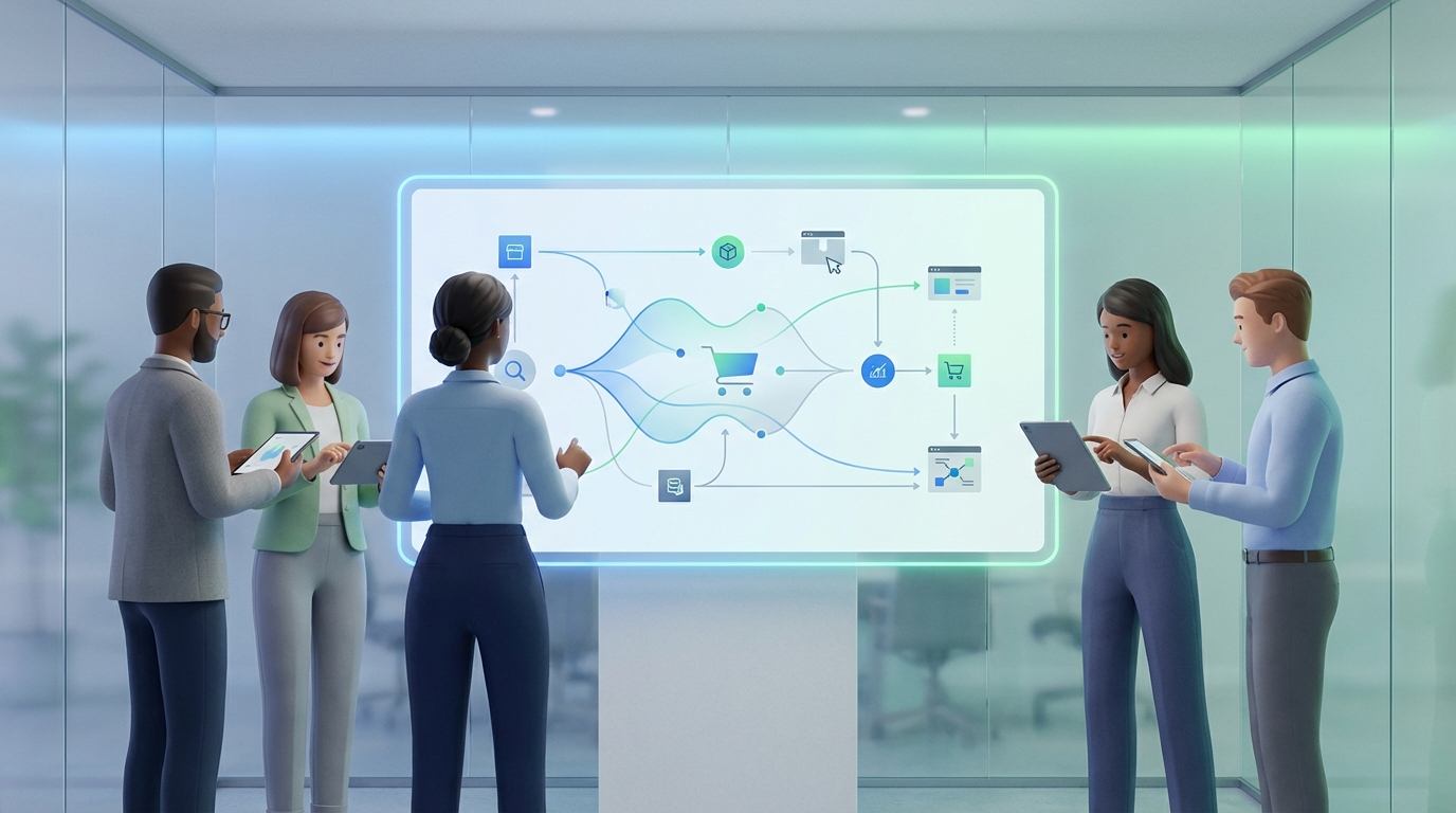 Team im digitalen Shop-Operations-Meeting, Blick auf Prozess- und Datenfluss-Board