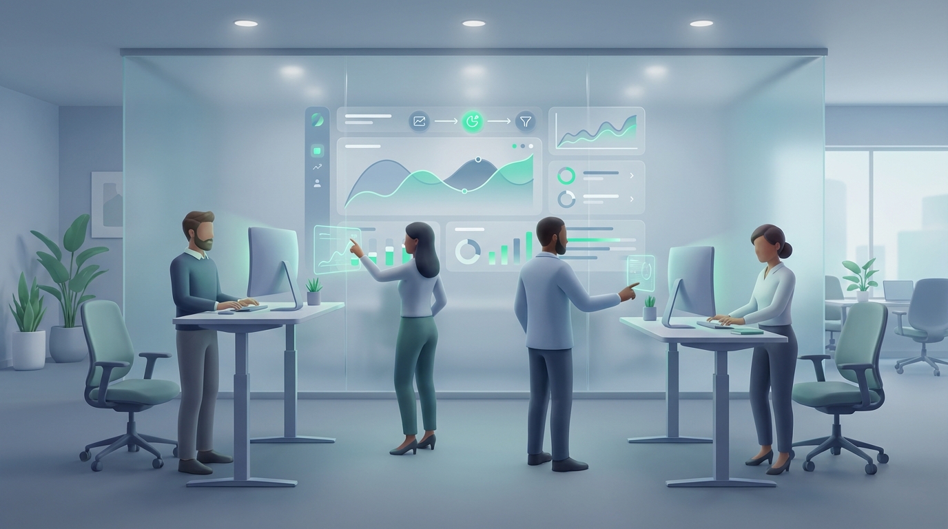 Modernes Backoffice-Team vor einem Dashboard mit Bestell- und Workflow-Status, ruhige Arbeitsatmosphäre